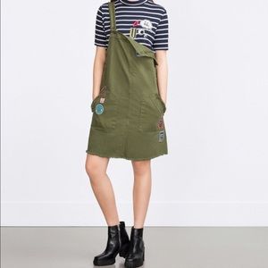 Zara olive green denim overall dress with patches